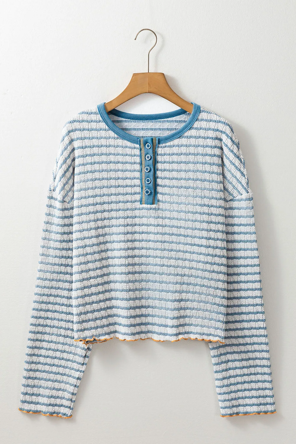 Frilly Trim Buttons Henley Long Sleeve Top