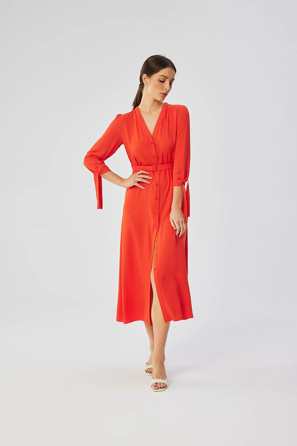 Front Button Draped A-Line Dress