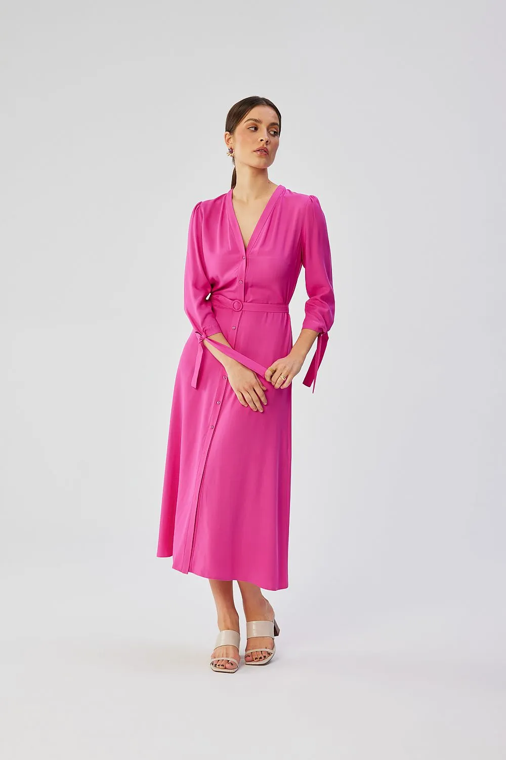 Front Button Draped A-Line Dress