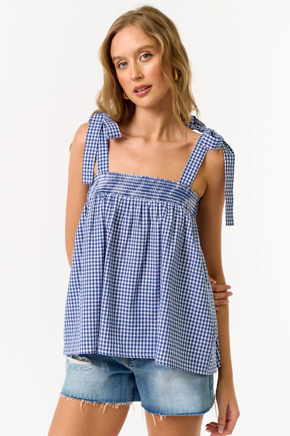 GINGHAM SHOULDER TIE TOP