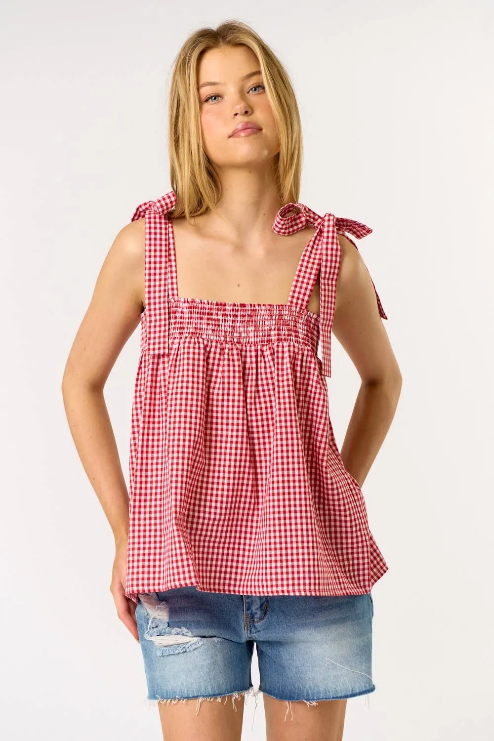 GINGHAM SHOULDER TIE TOP