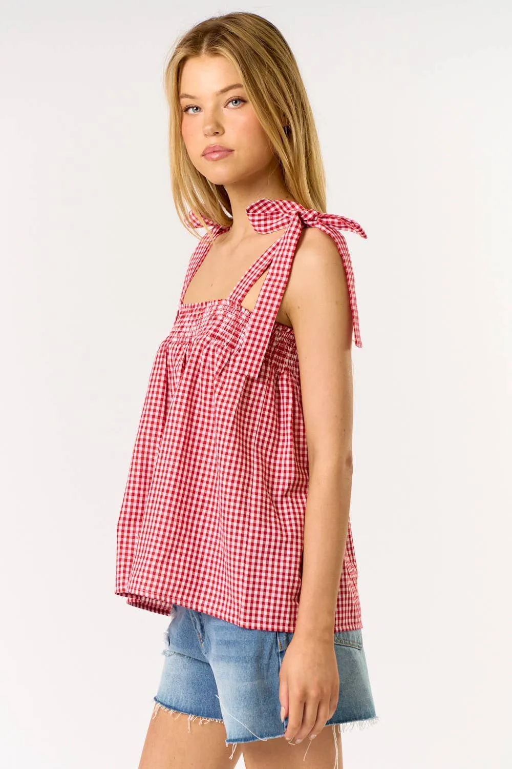 GINGHAM SHOULDER TIE TOP