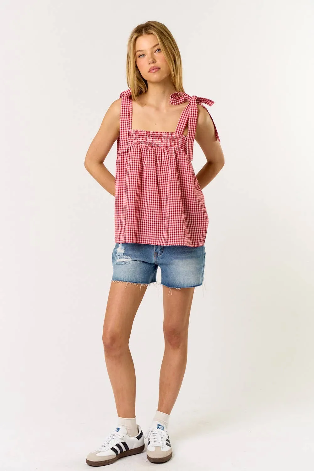 GINGHAM SHOULDER TIE TOP