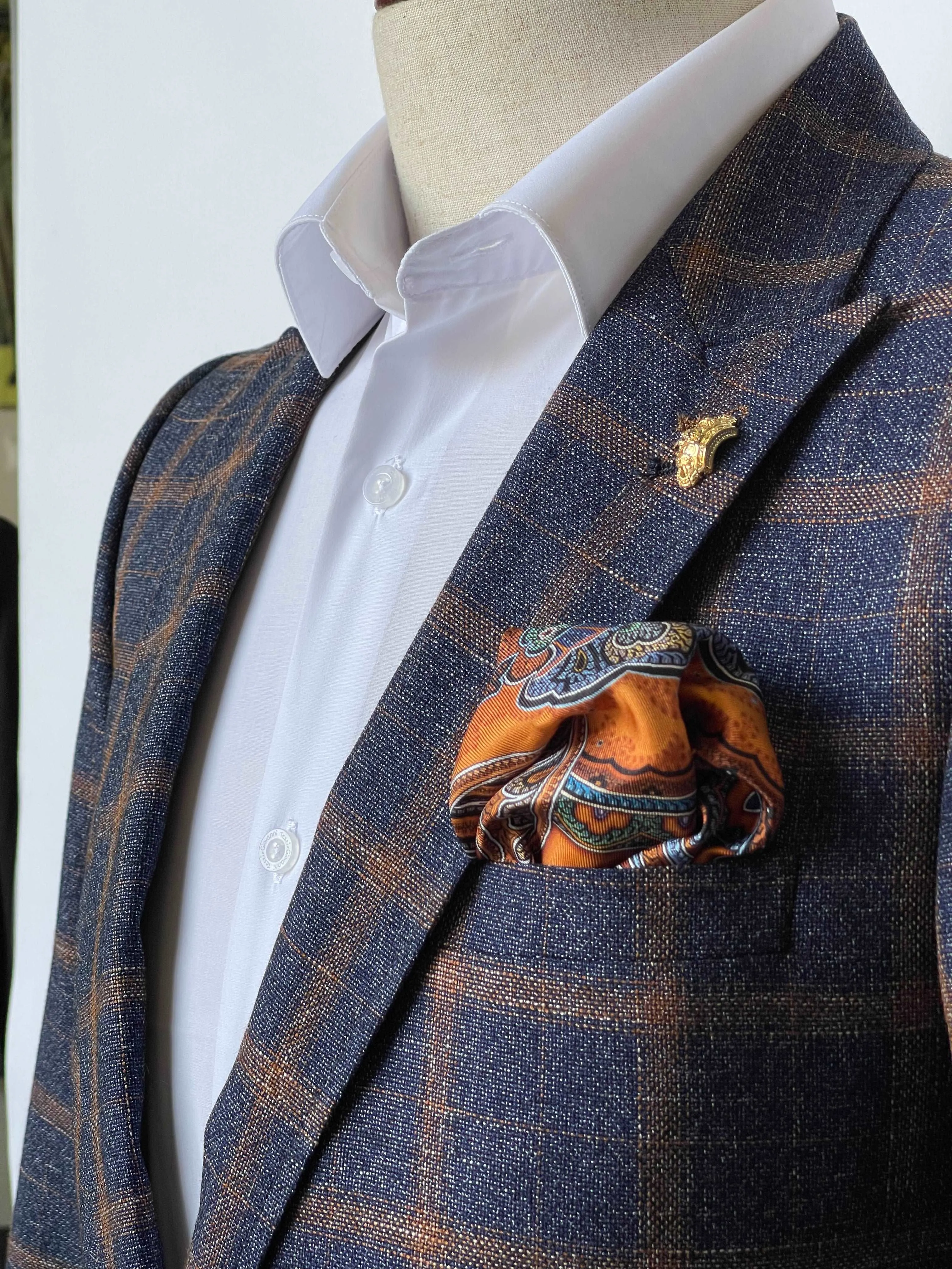 Giovanni Testi 1 Button Peak Lapel Plaid Slim GFGit Suit GTRVL1P-7037 NAVY/BROWN (R23-B)