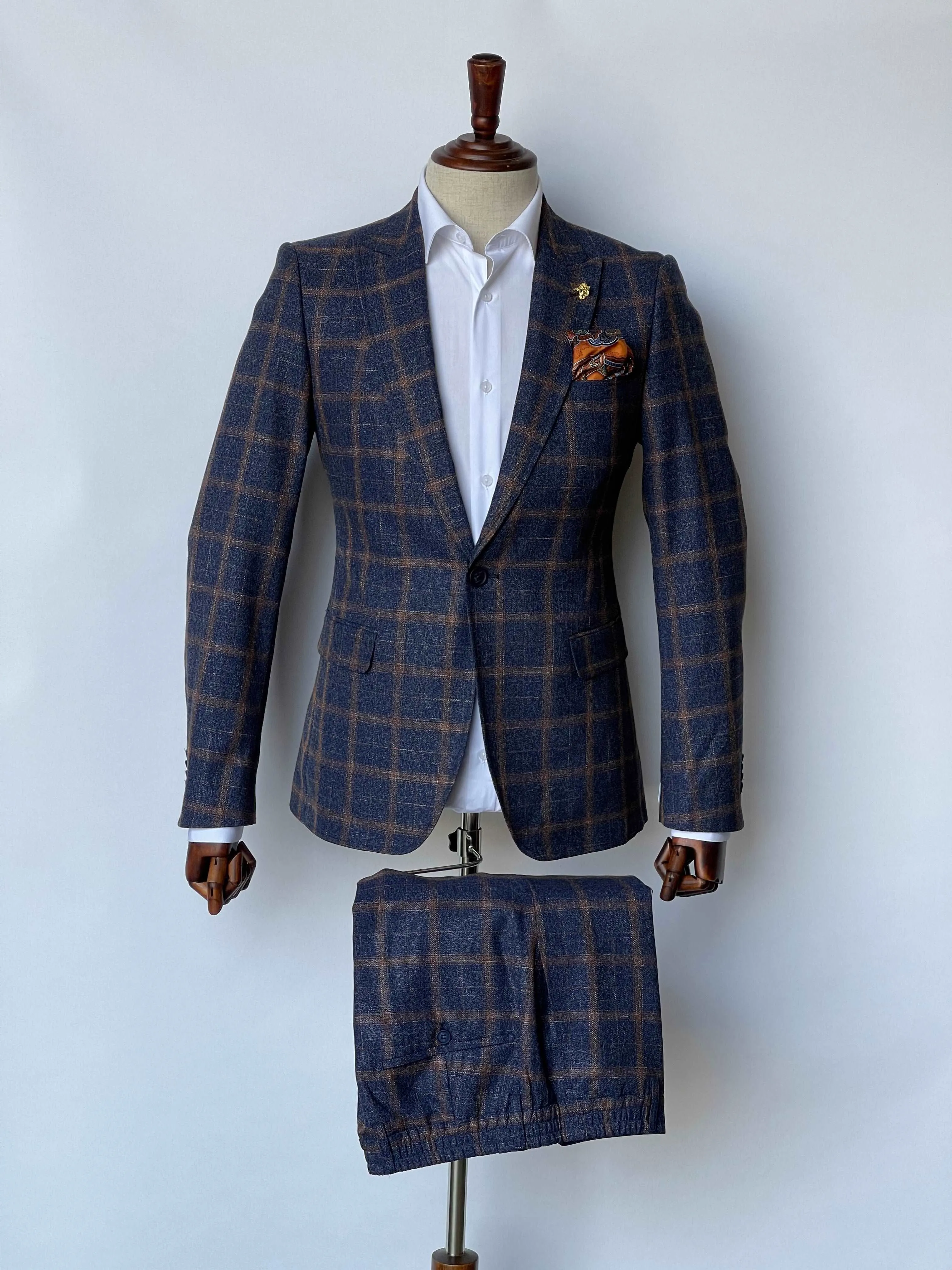 Giovanni Testi 1 Button Peak Lapel Plaid Slim GFGit Suit GTRVL1P-7037 NAVY/BROWN (R23-B)