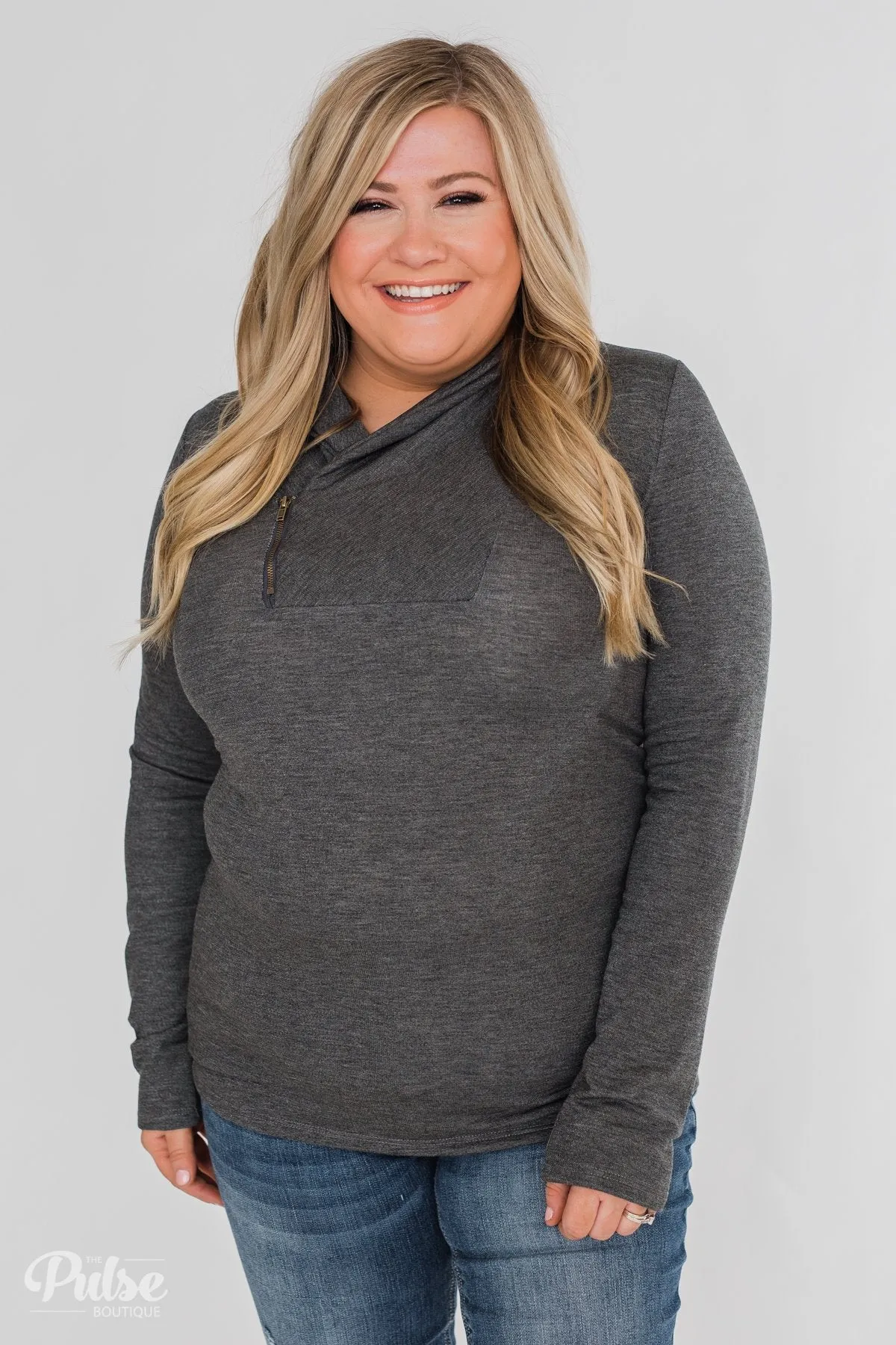 Give Me Time Zipper Pullover Top- Charcoal