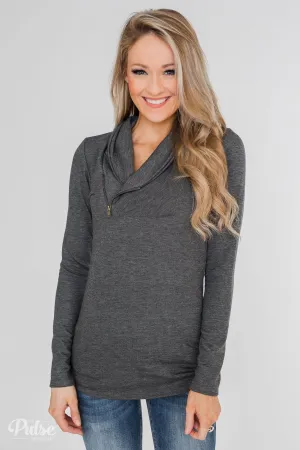 Give Me Time Zipper Pullover Top- Charcoal