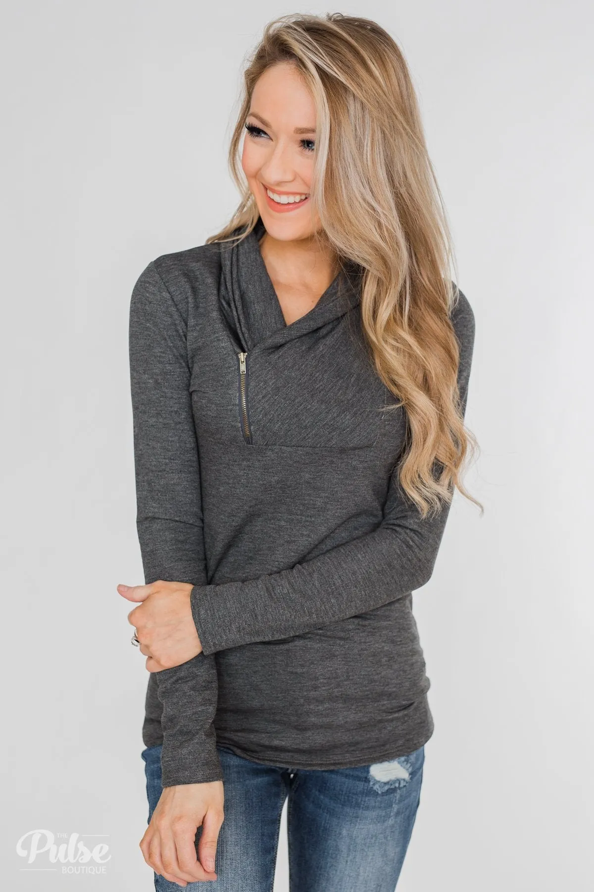 Give Me Time Zipper Pullover Top- Charcoal