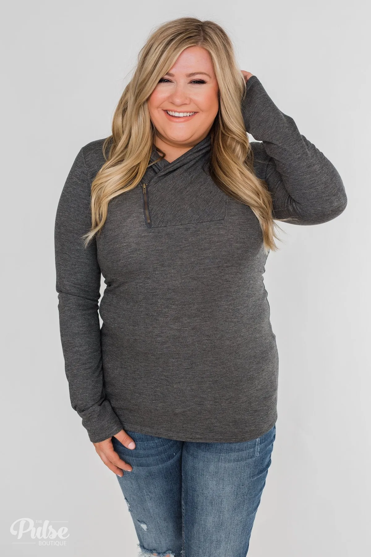 Give Me Time Zipper Pullover Top- Charcoal