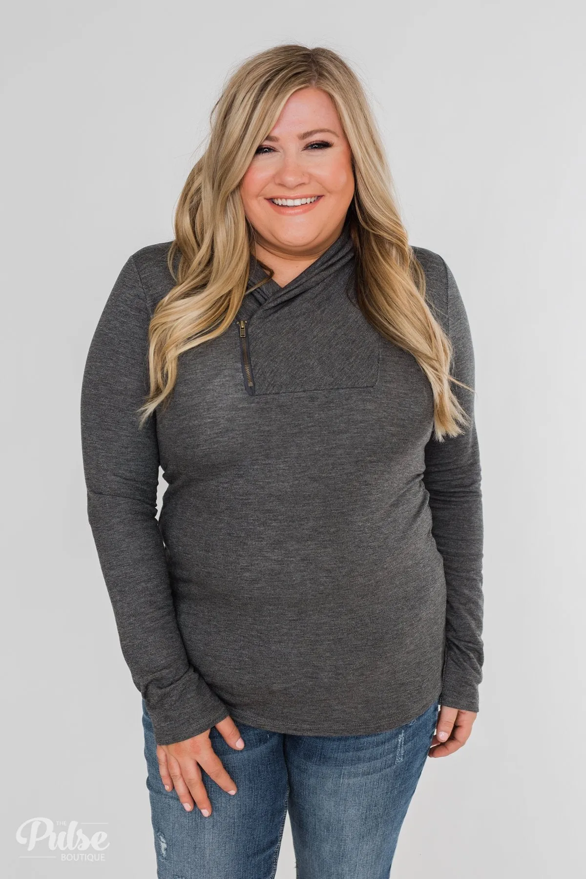 Give Me Time Zipper Pullover Top- Charcoal