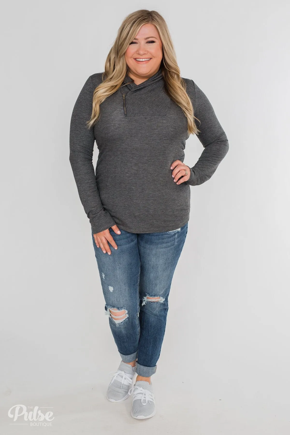 Give Me Time Zipper Pullover Top- Charcoal