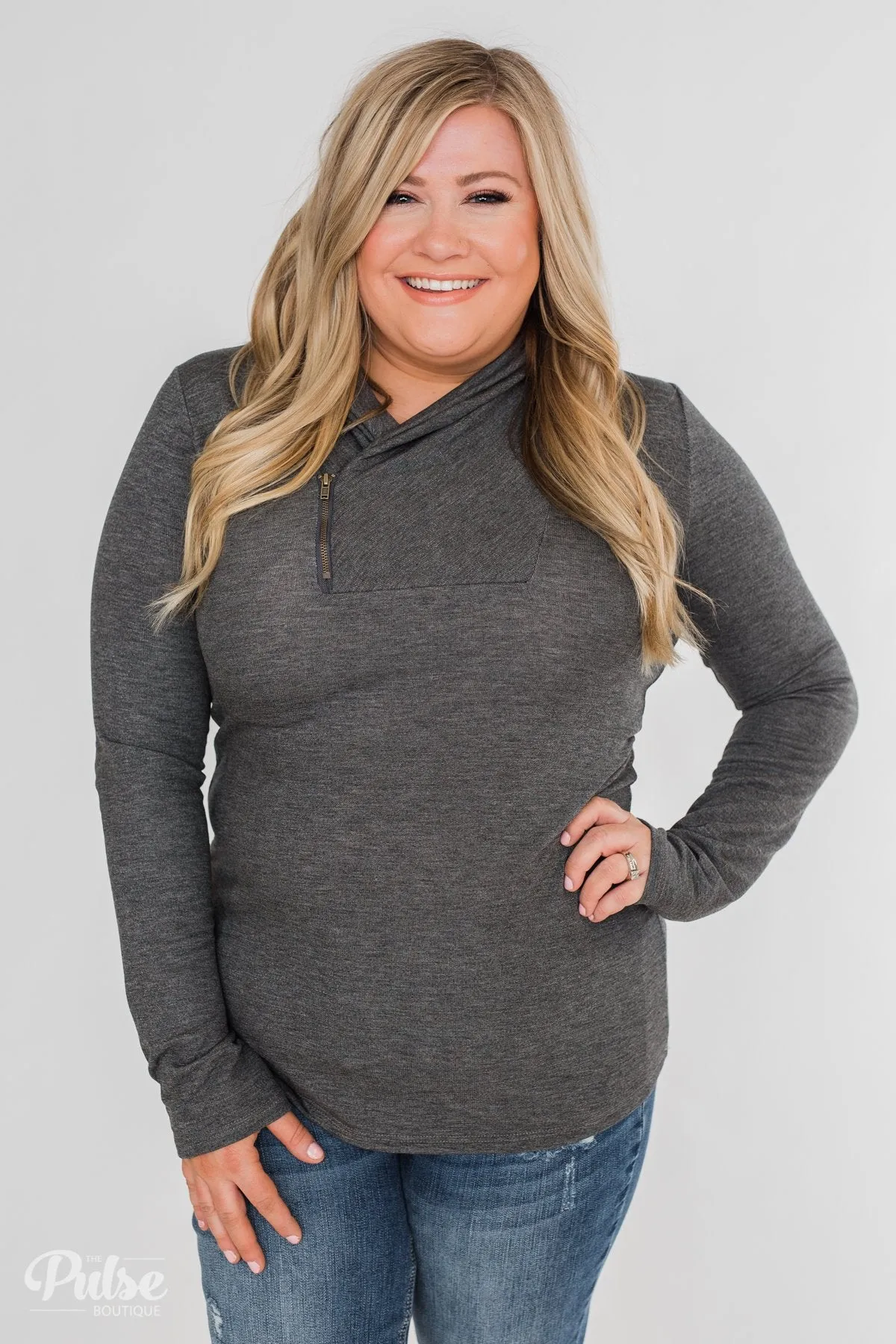Give Me Time Zipper Pullover Top- Charcoal