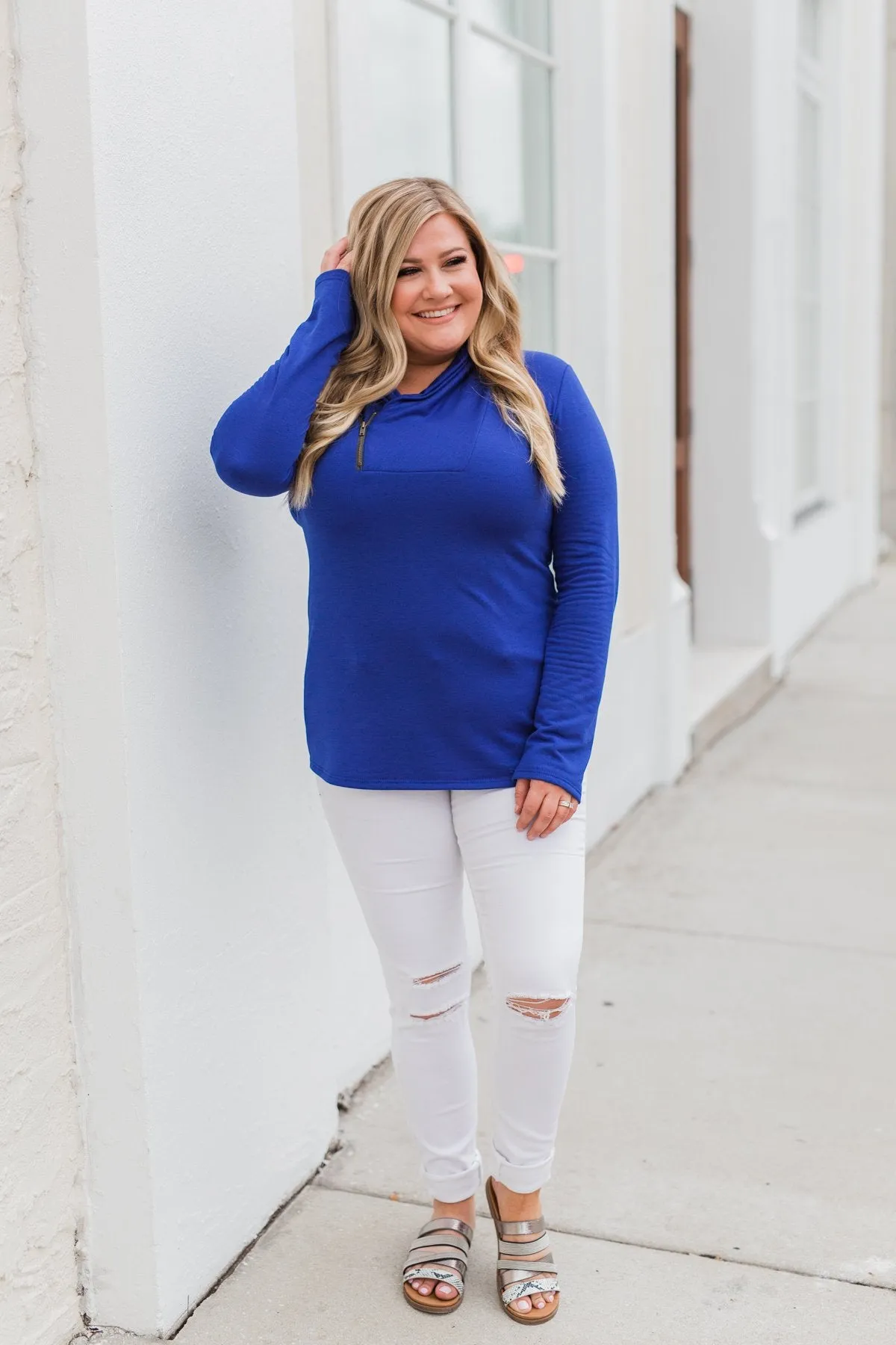 Give Me Time Zipper Pullover Top- Royal Blue