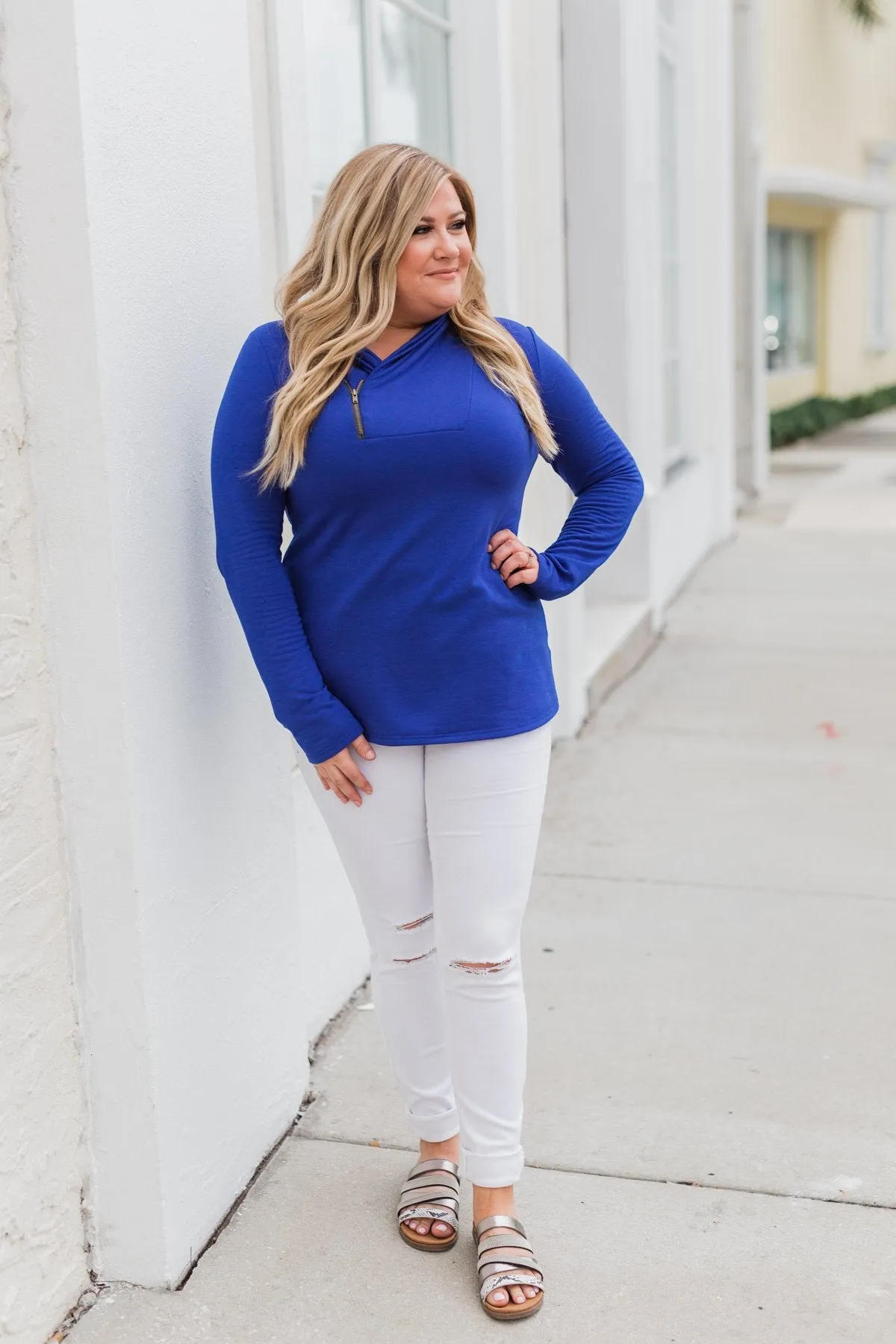 Give Me Time Zipper Pullover Top- Royal Blue