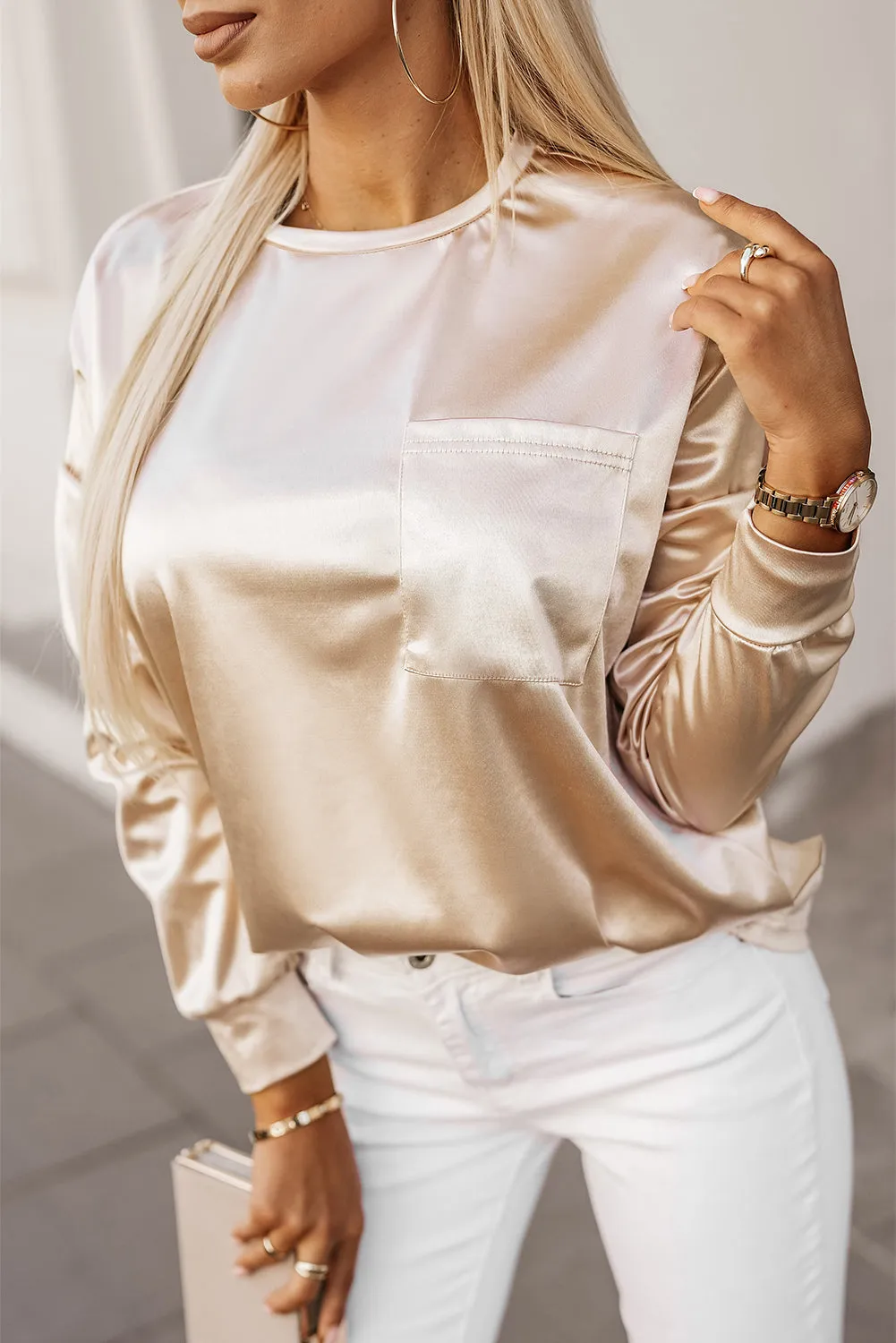 Glitter Chest Pocket Long Sleeve Top