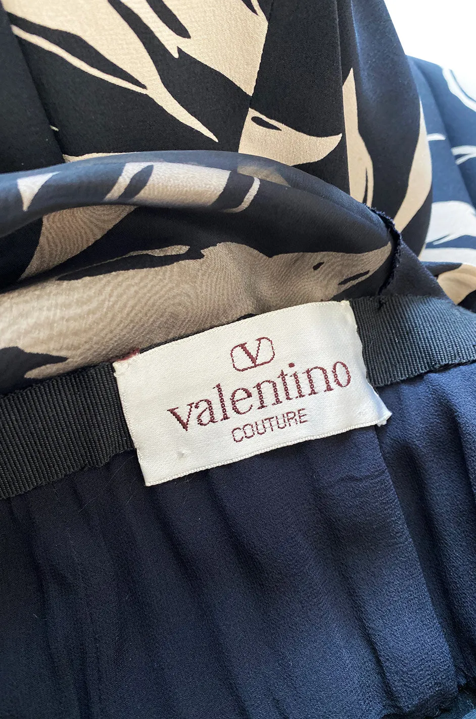 Gorgeous 1980s Valentino Haute Couture Black & Ivory Silk Print Plunging Halter Dress