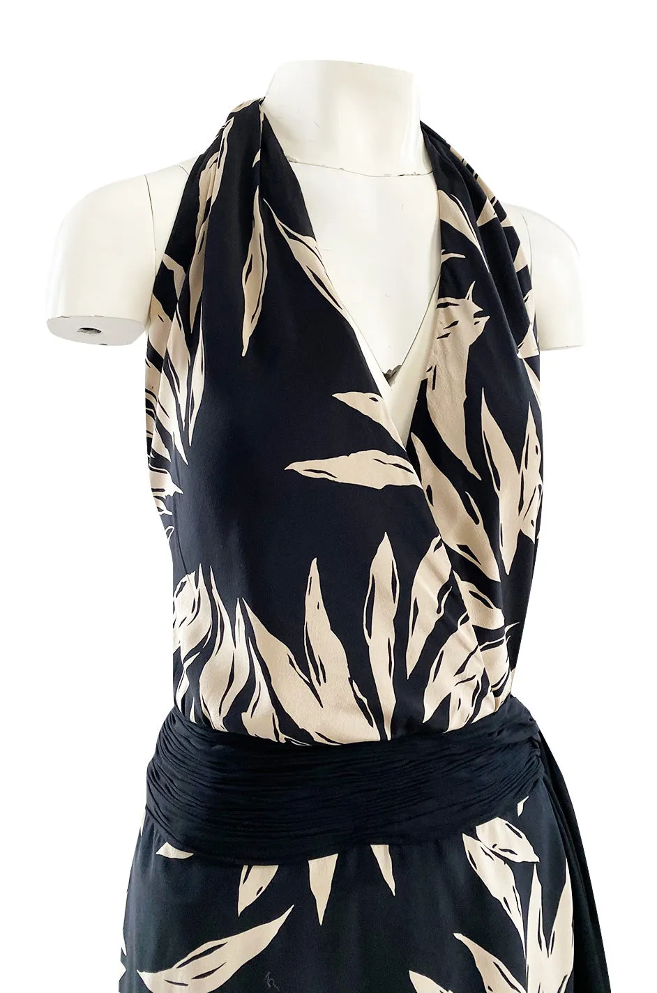 Gorgeous 1980s Valentino Haute Couture Black & Ivory Silk Print Plunging Halter Dress