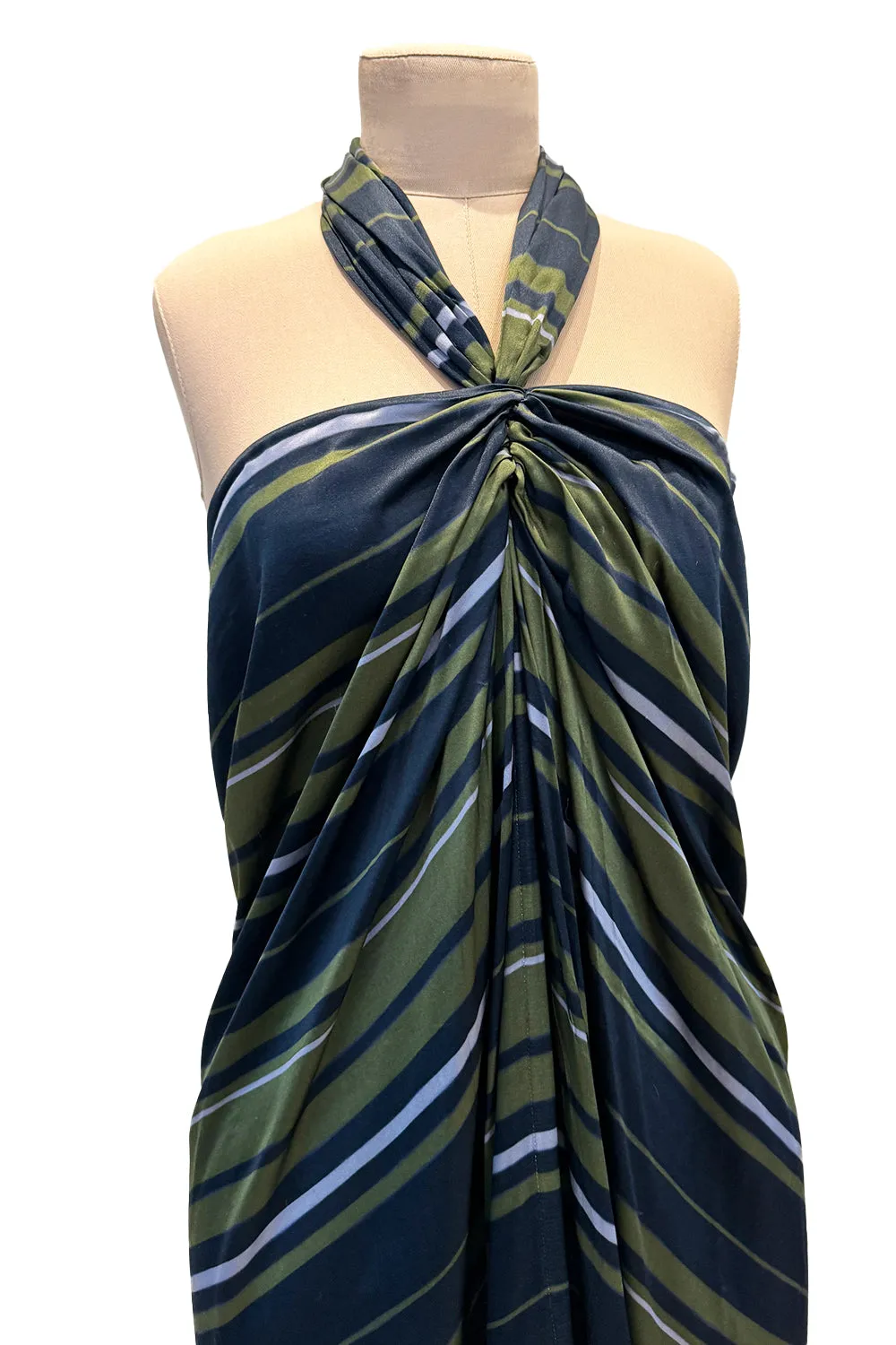 Gorgeous 2014 Lanvin by Alber Elbaz Deep Green & Navy Silk Striped Sarong Dress w Tie Halter