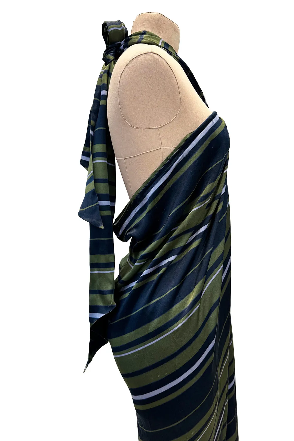 Gorgeous 2014 Lanvin by Alber Elbaz Deep Green & Navy Silk Striped Sarong Dress w Tie Halter