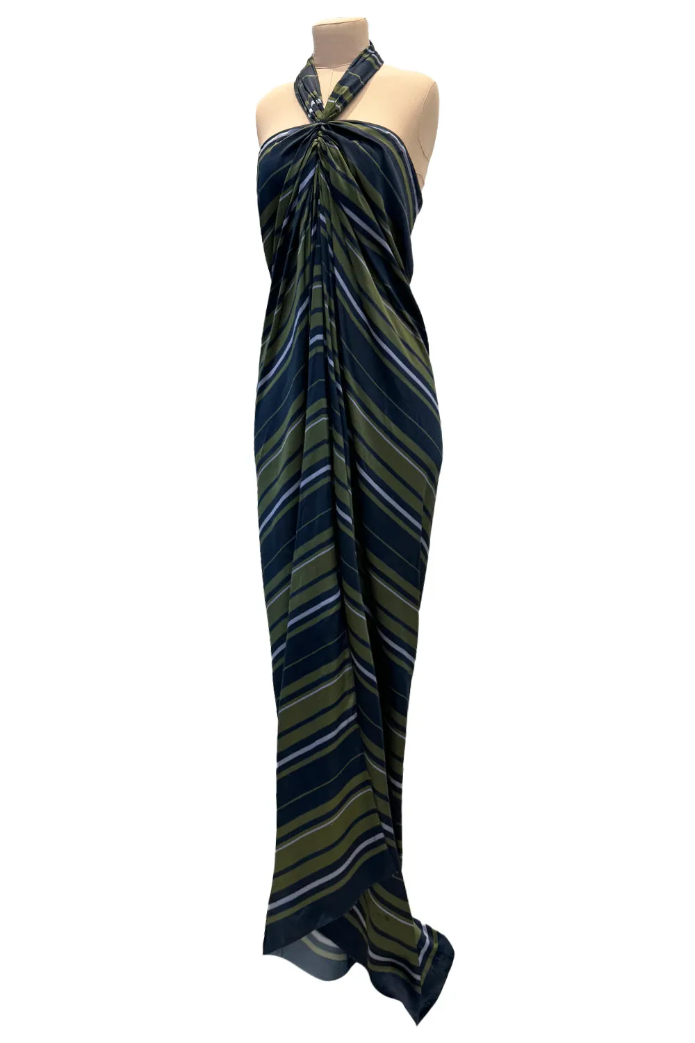 Gorgeous 2014 Lanvin by Alber Elbaz Deep Green & Navy Silk Striped Sarong Dress w Tie Halter