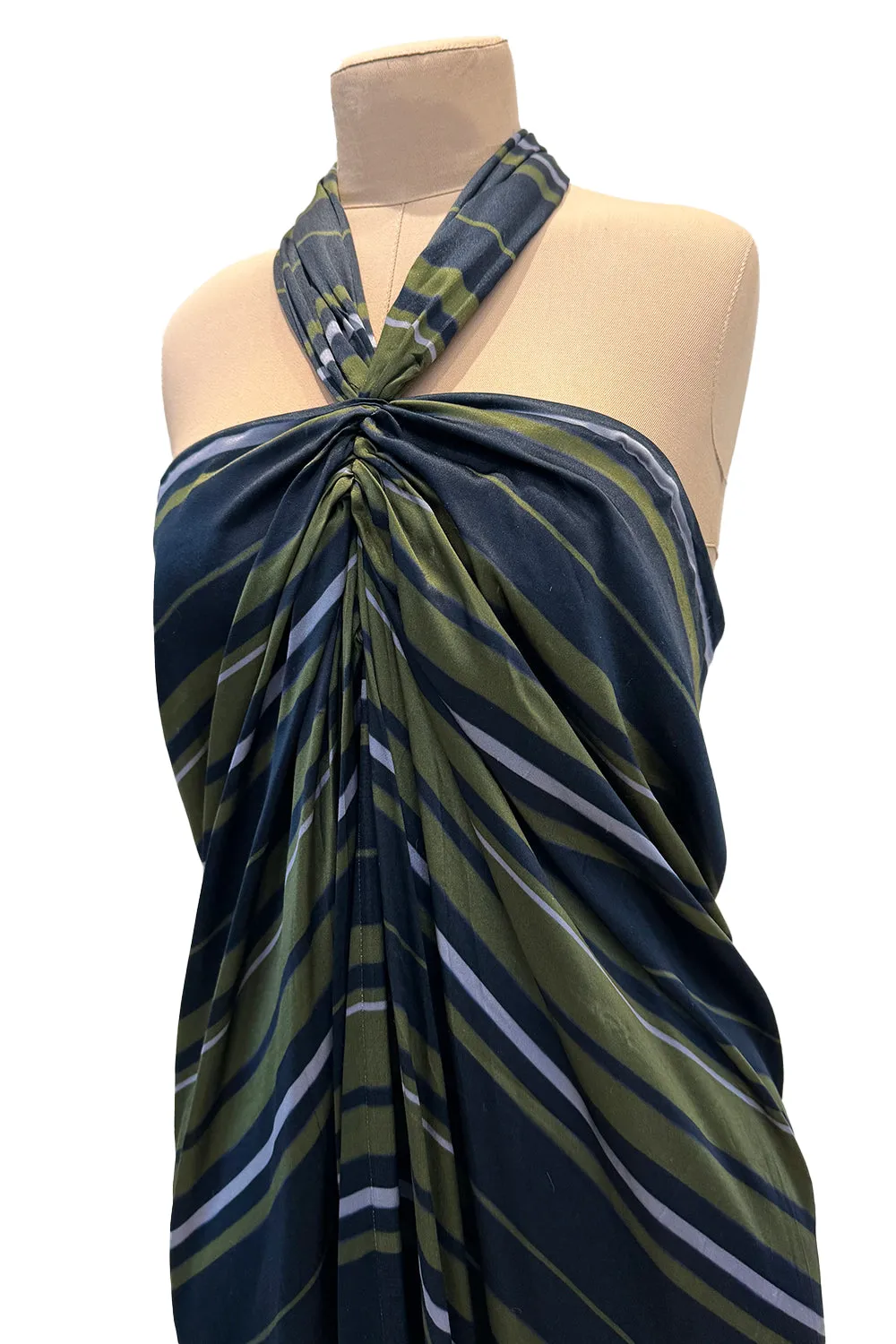 Gorgeous 2014 Lanvin by Alber Elbaz Deep Green & Navy Silk Striped Sarong Dress w Tie Halter