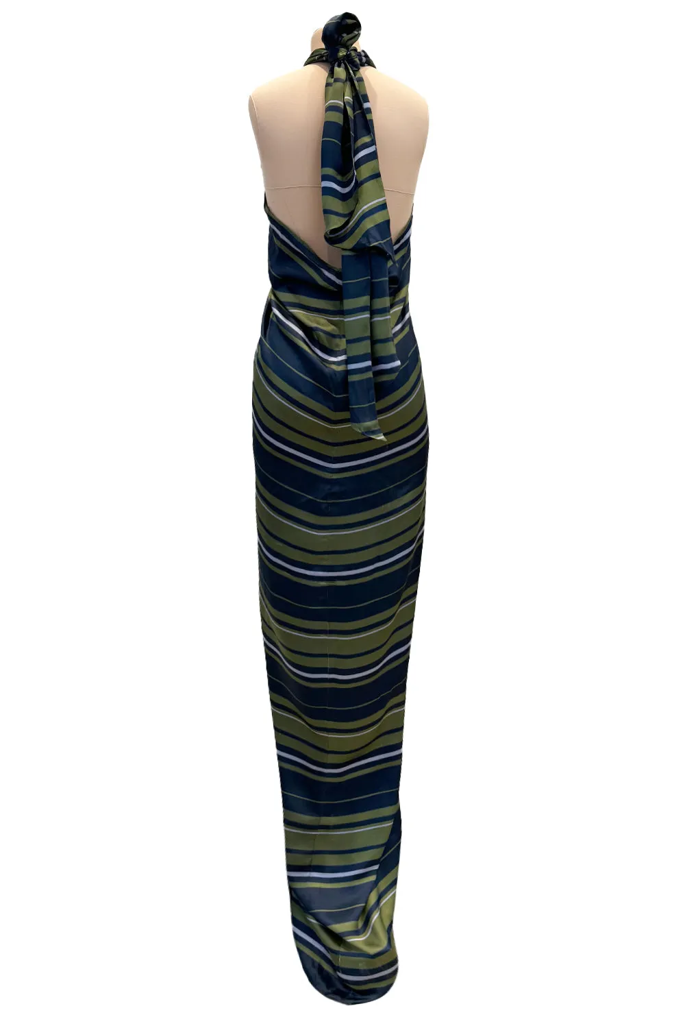 Gorgeous 2014 Lanvin by Alber Elbaz Deep Green & Navy Silk Striped Sarong Dress w Tie Halter