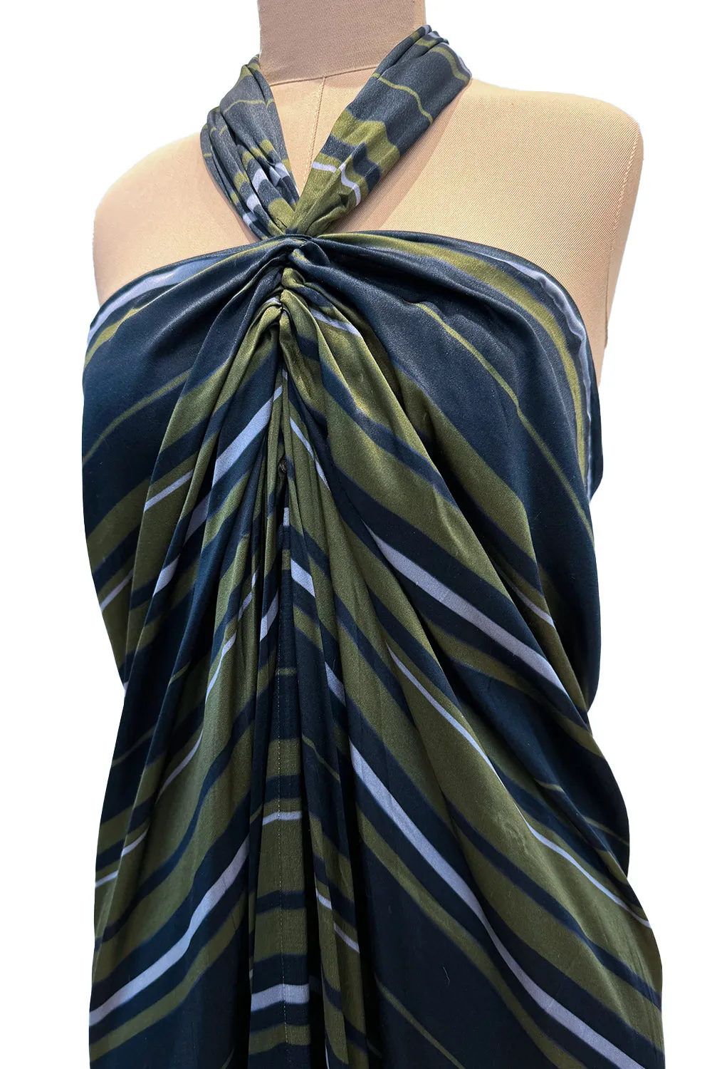 Gorgeous 2014 Lanvin by Alber Elbaz Deep Green & Navy Silk Striped Sarong Dress w Tie Halter