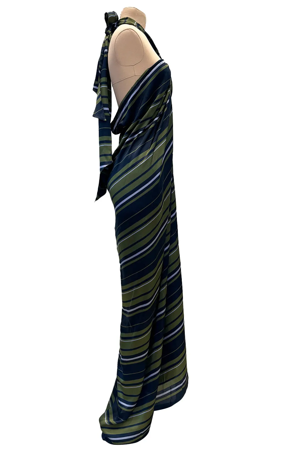 Gorgeous 2014 Lanvin by Alber Elbaz Deep Green & Navy Silk Striped Sarong Dress w Tie Halter
