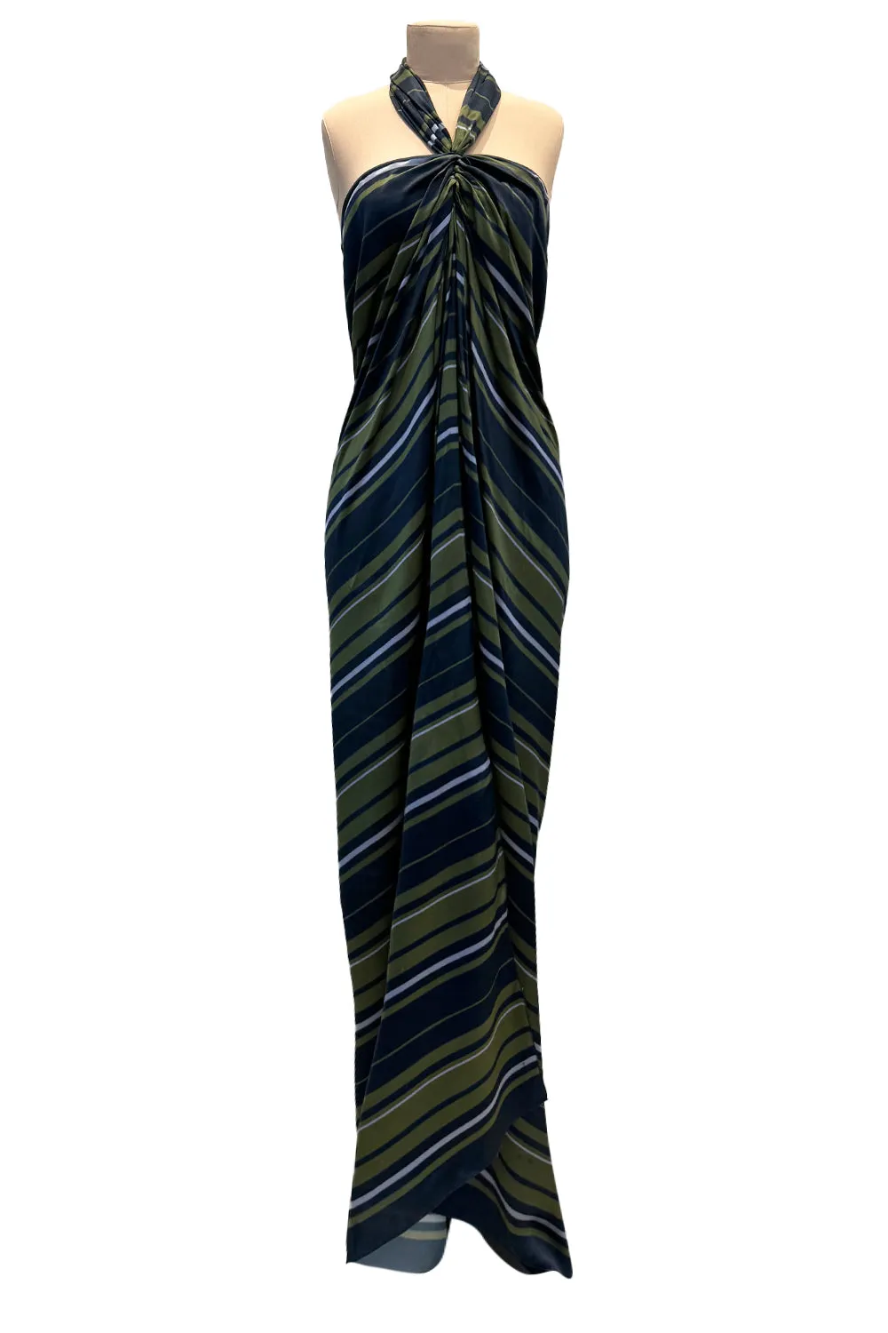 Gorgeous 2014 Lanvin by Alber Elbaz Deep Green & Navy Silk Striped Sarong Dress w Tie Halter