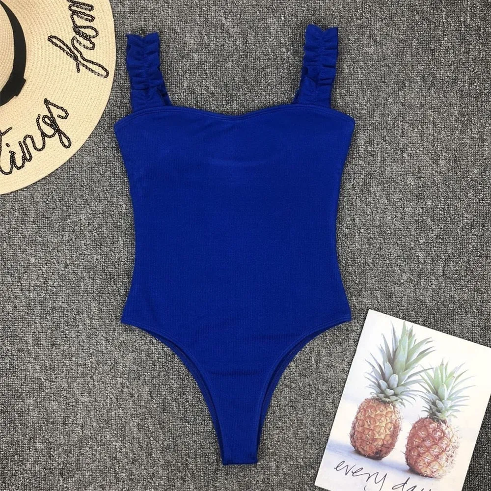 Gossina 2021 New Sexy Female Swimsuit Vintage One Piece Ruffled Push Up Solid Red Swimwear Women Monokini Padded Bathing Suits