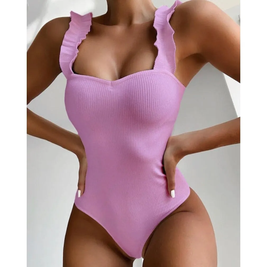 Gossina 2021 New Sexy Female Swimsuit Vintage One Piece Ruffled Push Up Solid Red Swimwear Women Monokini Padded Bathing Suits