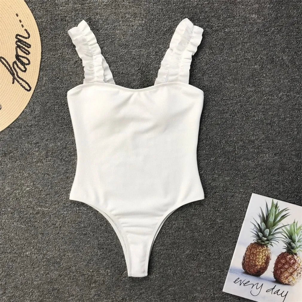 Gossina 2021 New Sexy Female Swimsuit Vintage One Piece Ruffled Push Up Solid Red Swimwear Women Monokini Padded Bathing Suits