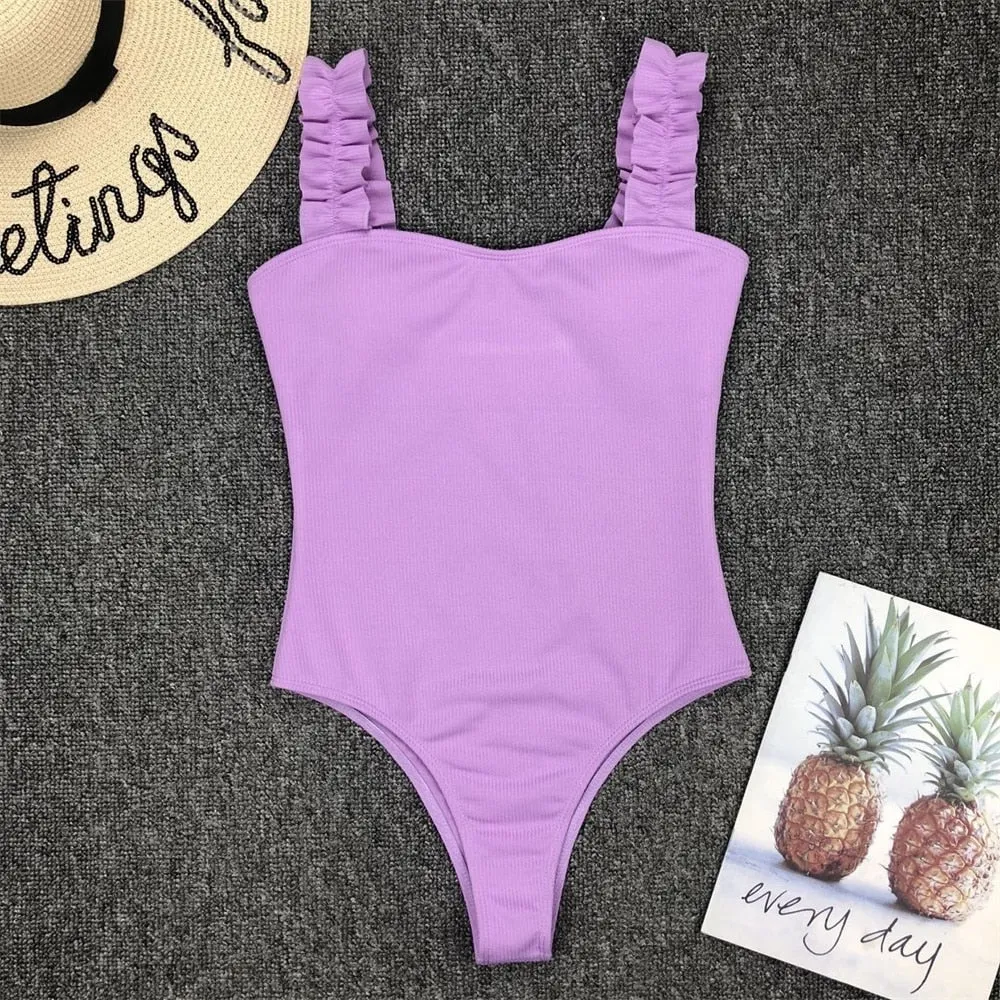 Gossina 2021 New Sexy Female Swimsuit Vintage One Piece Ruffled Push Up Solid Red Swimwear Women Monokini Padded Bathing Suits