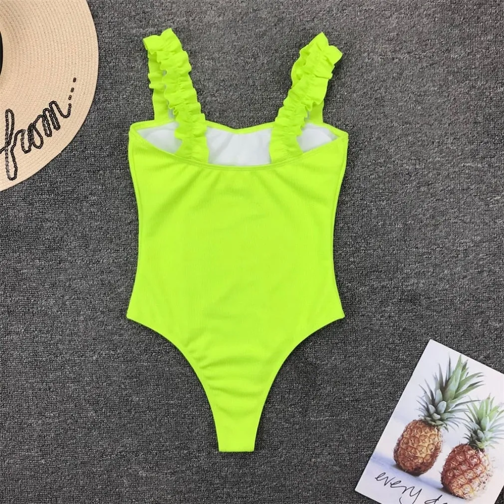 Gossina 2021 New Sexy Female Swimsuit Vintage One Piece Ruffled Push Up Solid Red Swimwear Women Monokini Padded Bathing Suits