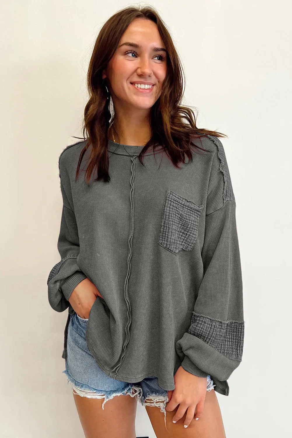 Gray Pink Distressed Crinkle Patchwork Long Sleeve Top