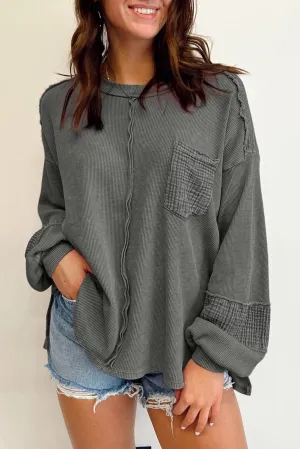Gray Pink Distressed Crinkle Patchwork Long Sleeve Top