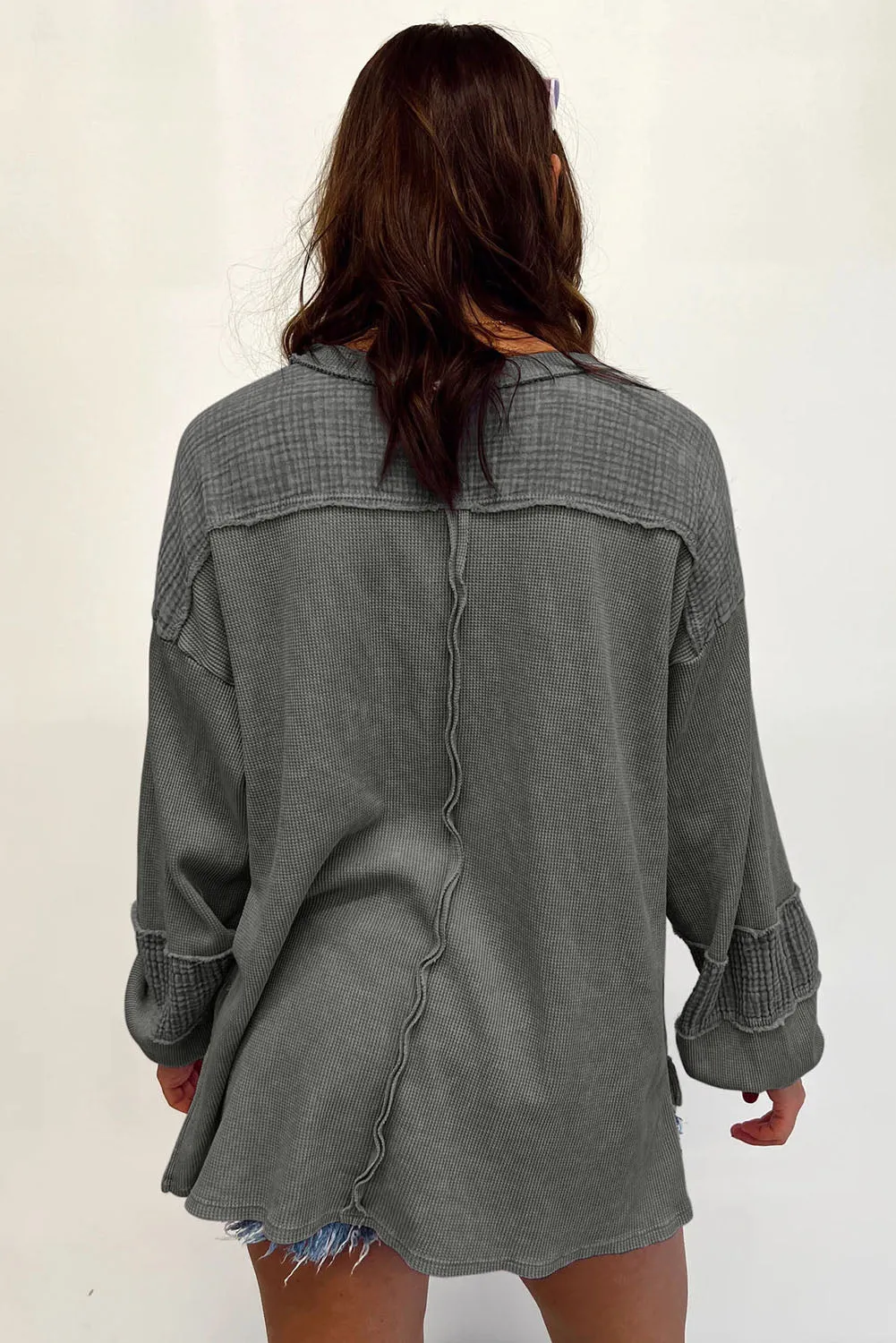 Gray Pink Distressed Crinkle Patchwork Long Sleeve Top