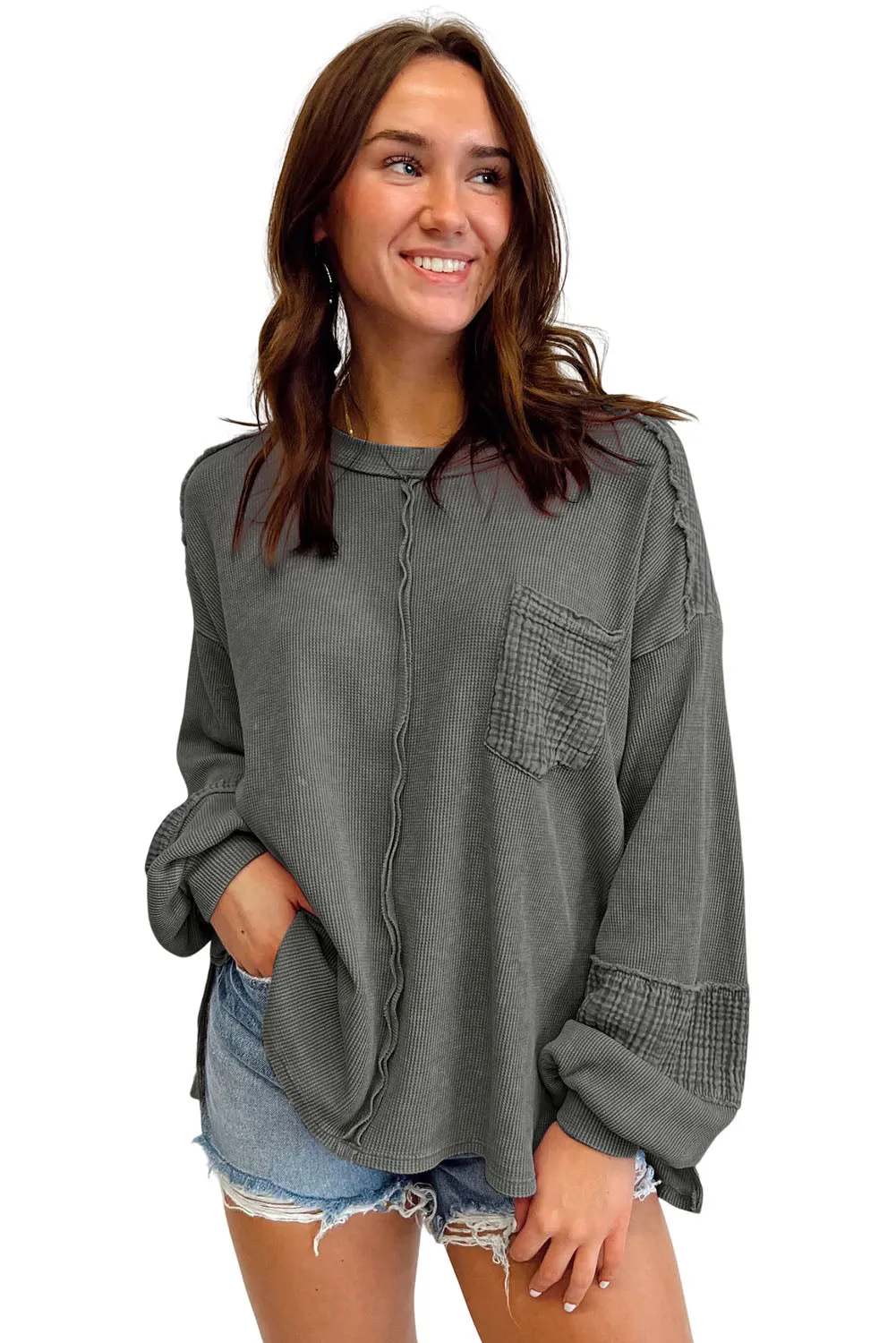 Gray Pink Distressed Crinkle Patchwork Long Sleeve Top