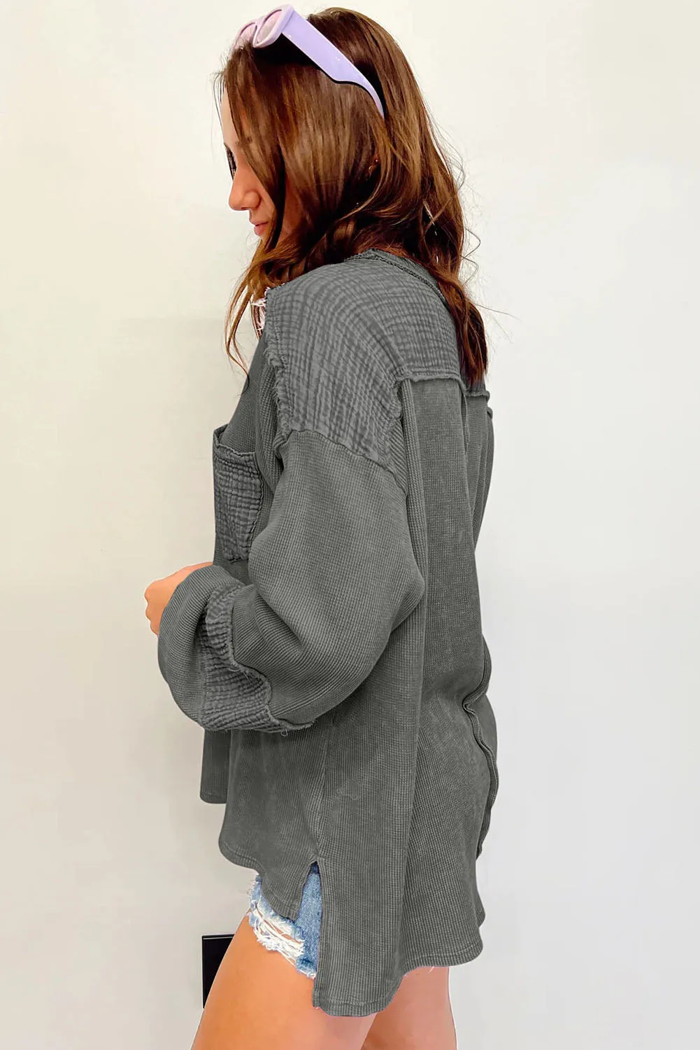 Gray Pink Distressed Crinkle Patchwork Long Sleeve Top