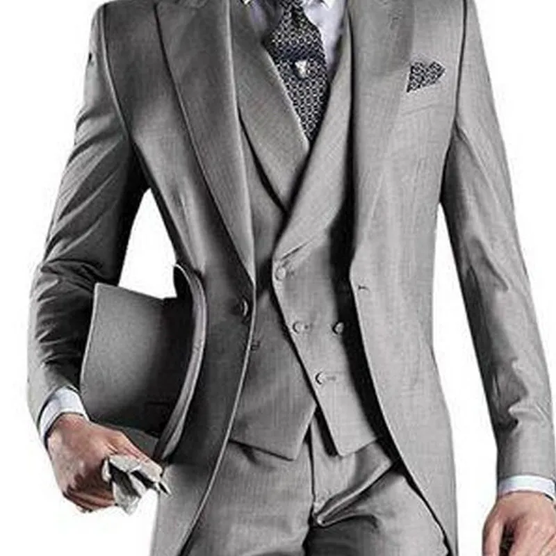 Gray Wedding Men Tail Coat 3 Piece Groom Tuxedo Suits