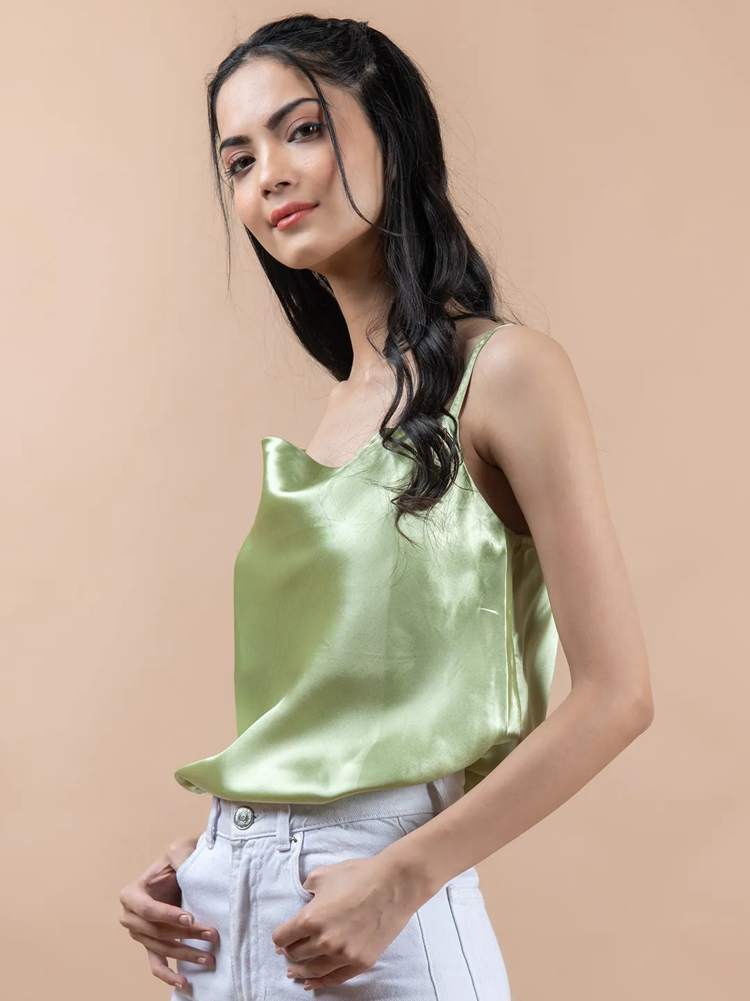 Green Cowl Neck Cami Top For Women
