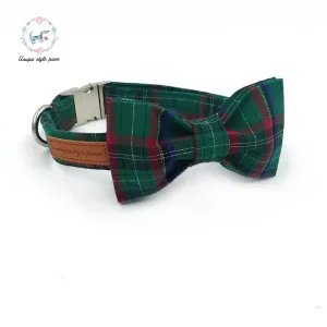Green Plaid Bow Tie Dog Collar