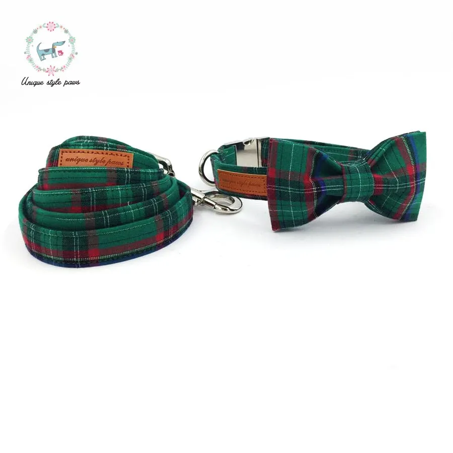 Green Plaid Bow Tie Dog Collar