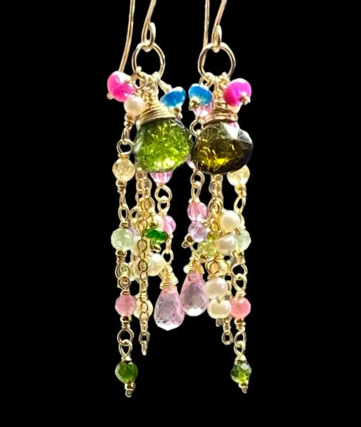 Green Tourmaline Gemstone Gold Fill Long Boho Dangle Earrings