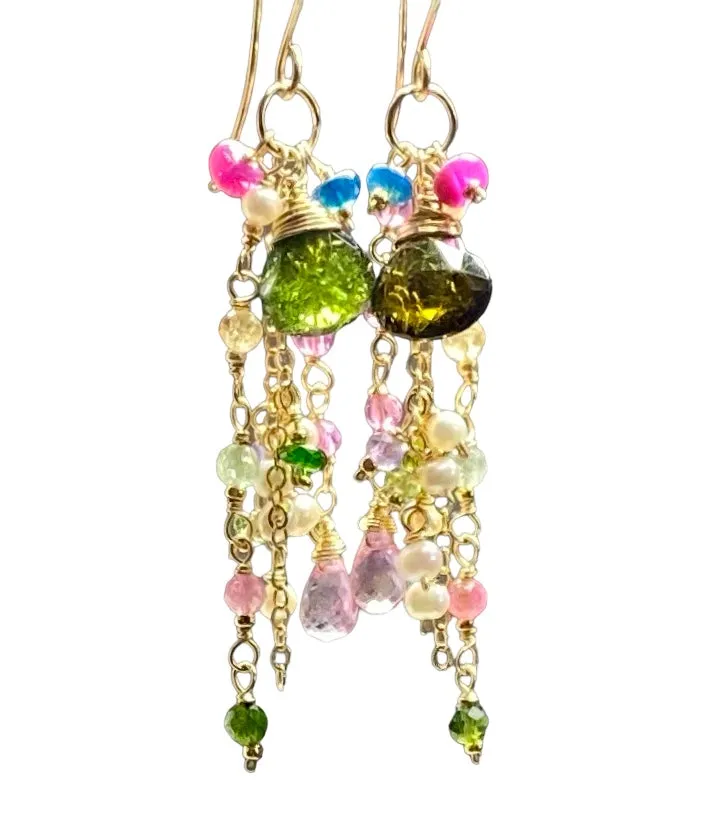 Green Tourmaline Gemstone Gold Fill Long Boho Dangle Earrings