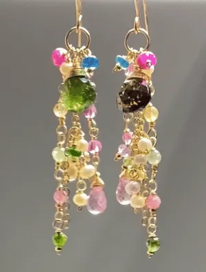 Green Tourmaline Gemstone Gold Fill Long Boho Dangle Earrings