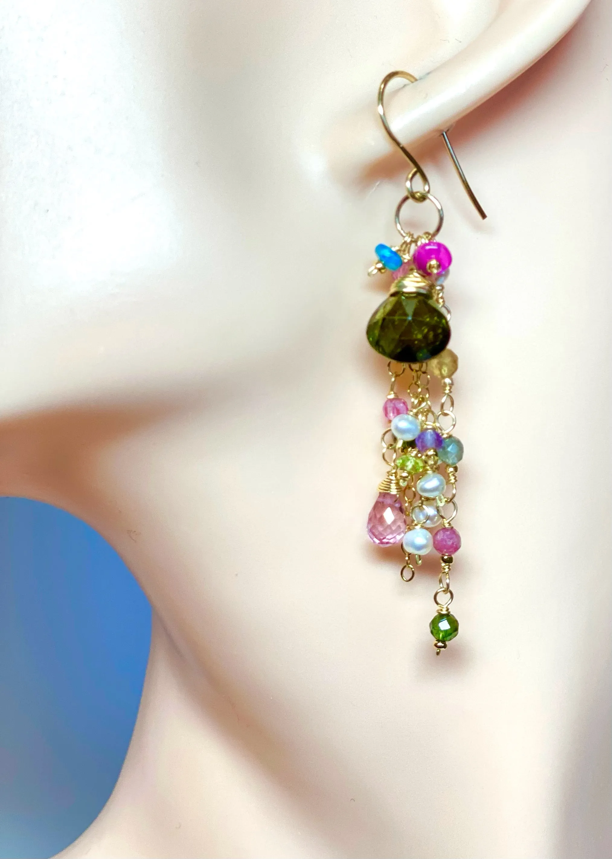 Green Tourmaline Gemstone Gold Fill Long Boho Dangle Earrings