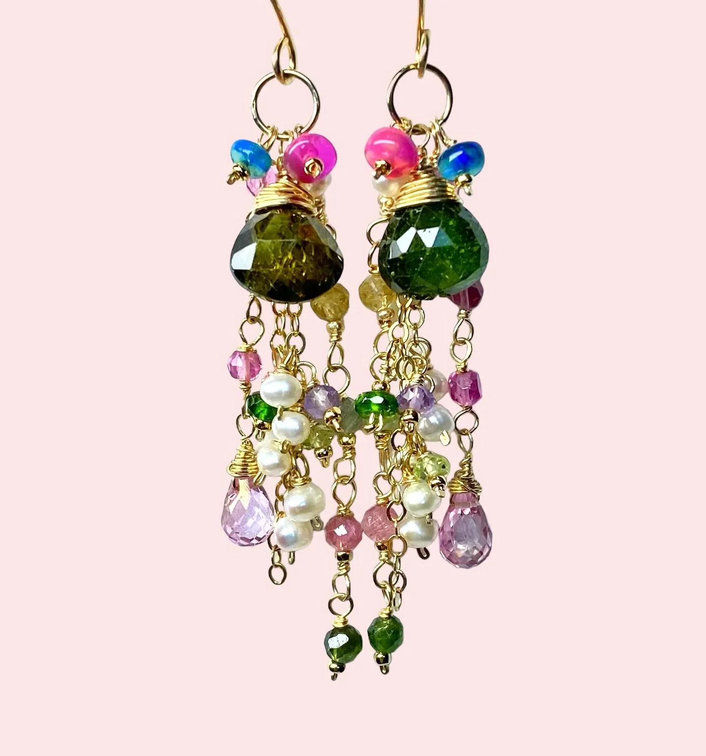 Green Tourmaline Gemstone Gold Fill Long Boho Dangle Earrings