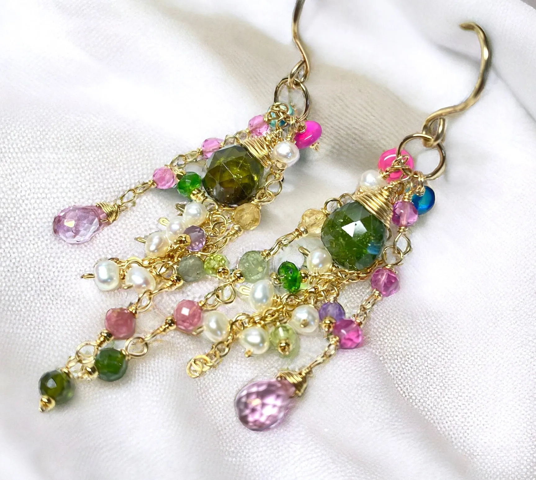 Green Tourmaline Gemstone Gold Fill Long Boho Dangle Earrings