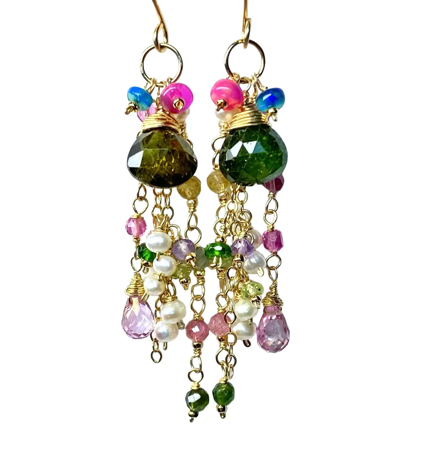 Green Tourmaline Gemstone Gold Fill Long Boho Dangle Earrings